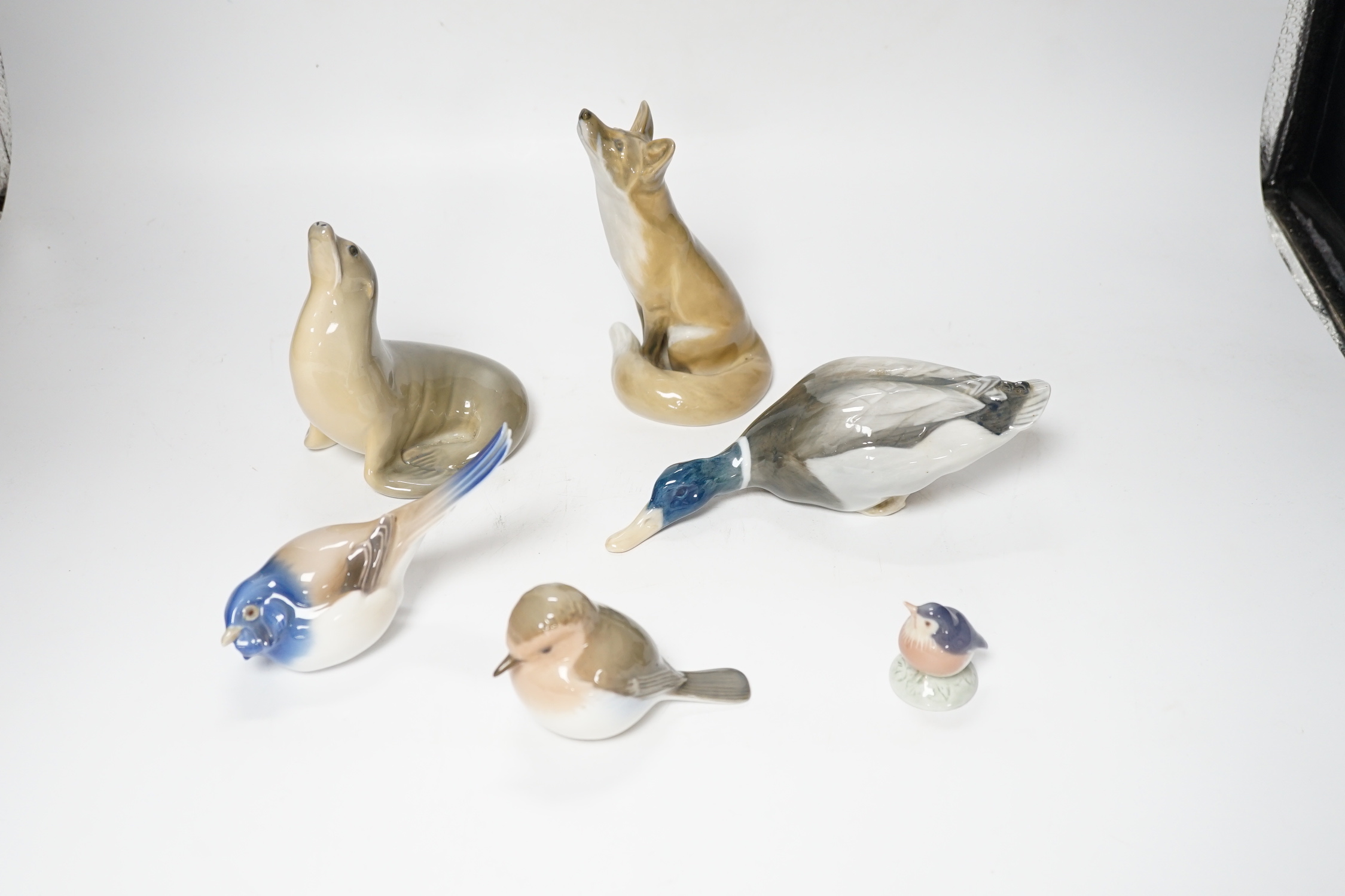Six Royal Copenhagen animal models including fox, duck and seal, largest 15cm high